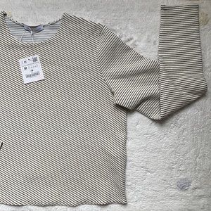 Zara W/B Collection Diagonal Black Stripes on cream L/S Crop shirt NWT